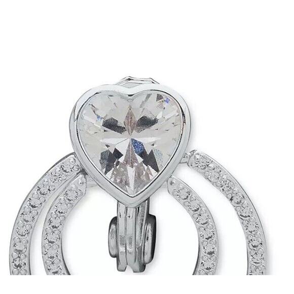 Anne Klein Silver Tone CZ Heart Clip On Earrings EZ Comfort Doorknocker Style - Picture 3 of 4